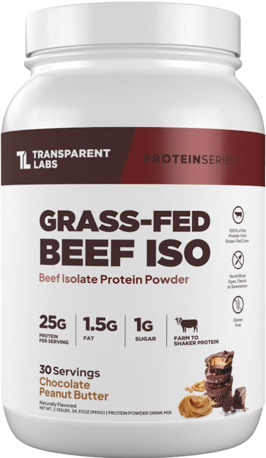 Transparent Labs grass-fed beef isolate canister front view highlighting dairy-free protein