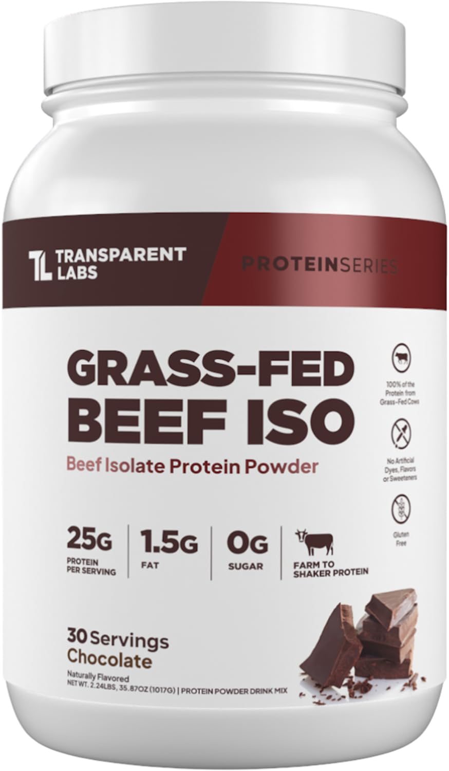 Transparent Labs grass-fed beef protein powder bottle front showing clean ingredients and dairy-free appeal.