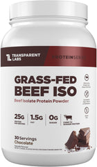 Transparent Labs grass-fed beef protein powder bottle front showing clean ingredients and dairy-free appeal.