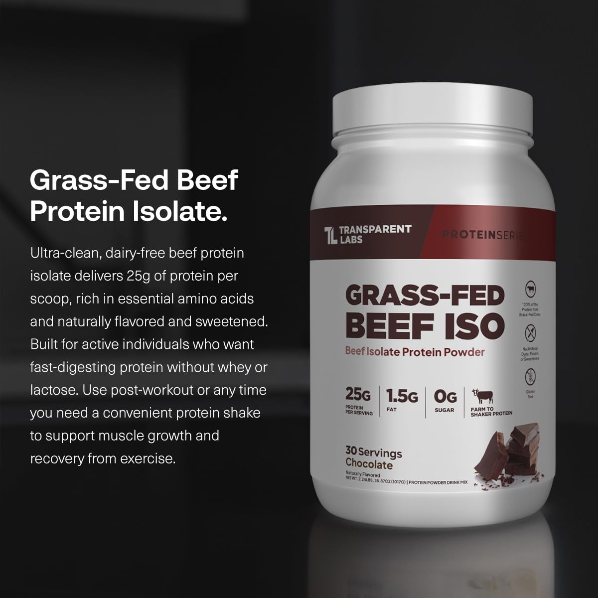 Transparent Labs beef protein powder nutrition panel highlighting protein and low sugar.