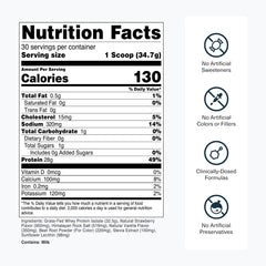 Transparent Labs grass-fed whey ingredient panel highlights essential amino acids and quality ingredients.