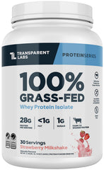 Transparent Labs grass-fed whey protein isolate jar shows clean, naturally flavored protein for everyday workouts.