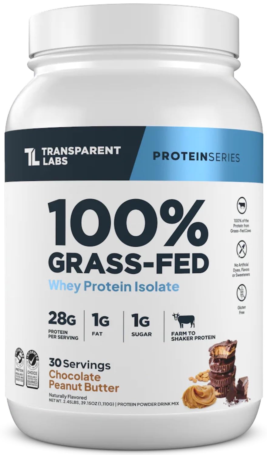 Transparent Labs grass-fed whey protein isolate tub front showing clean label and gluten-free formula