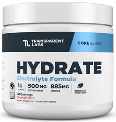 Transparent Labs Hydrate bottle pour promotes quick hydration after workouts.
