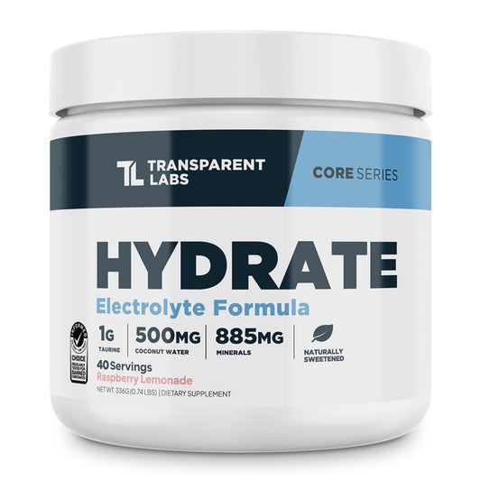 Transparent Labs Hydrate powder tub front showing clean hydration formula