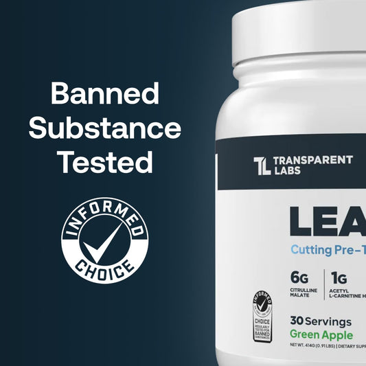 Transparent Labs Lean Pre-Workout bottle label closeup highlights blue raspberry flavor.