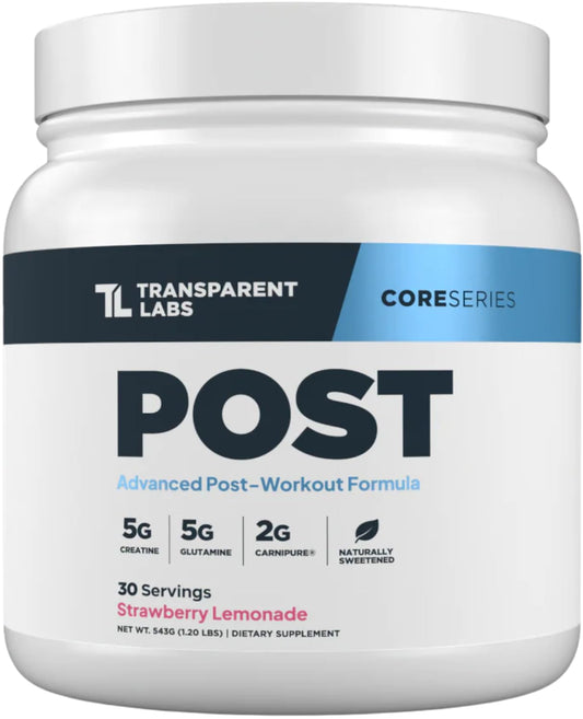 Transparent Labs Post bottle front view highlighting the recovery-focused formula
