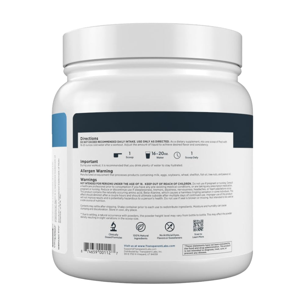 Transparent Labs Post packaging box communicates third-party tested purity and potency.
