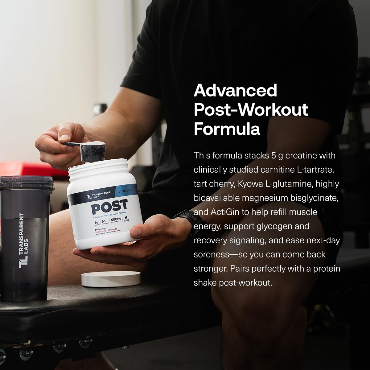 Transparent Labs Post scoop-dispensing emphasizes precise dosing for consistency.