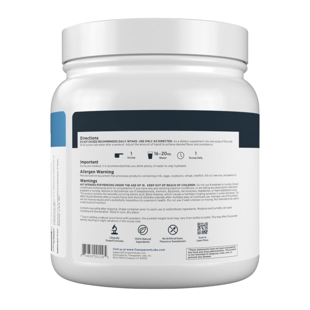 Servings container of Transparent Labs Post on the counter