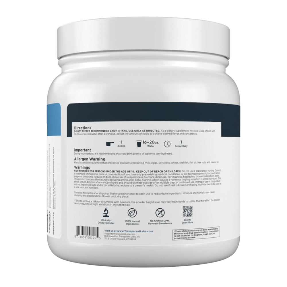 Servings container of Transparent Labs Post on the counter