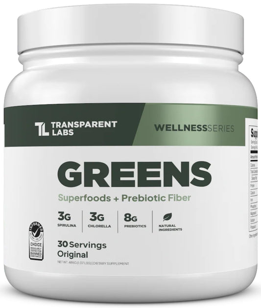 Transparent Labs Prebiotic Greens bottle front supports daily digestive balance.