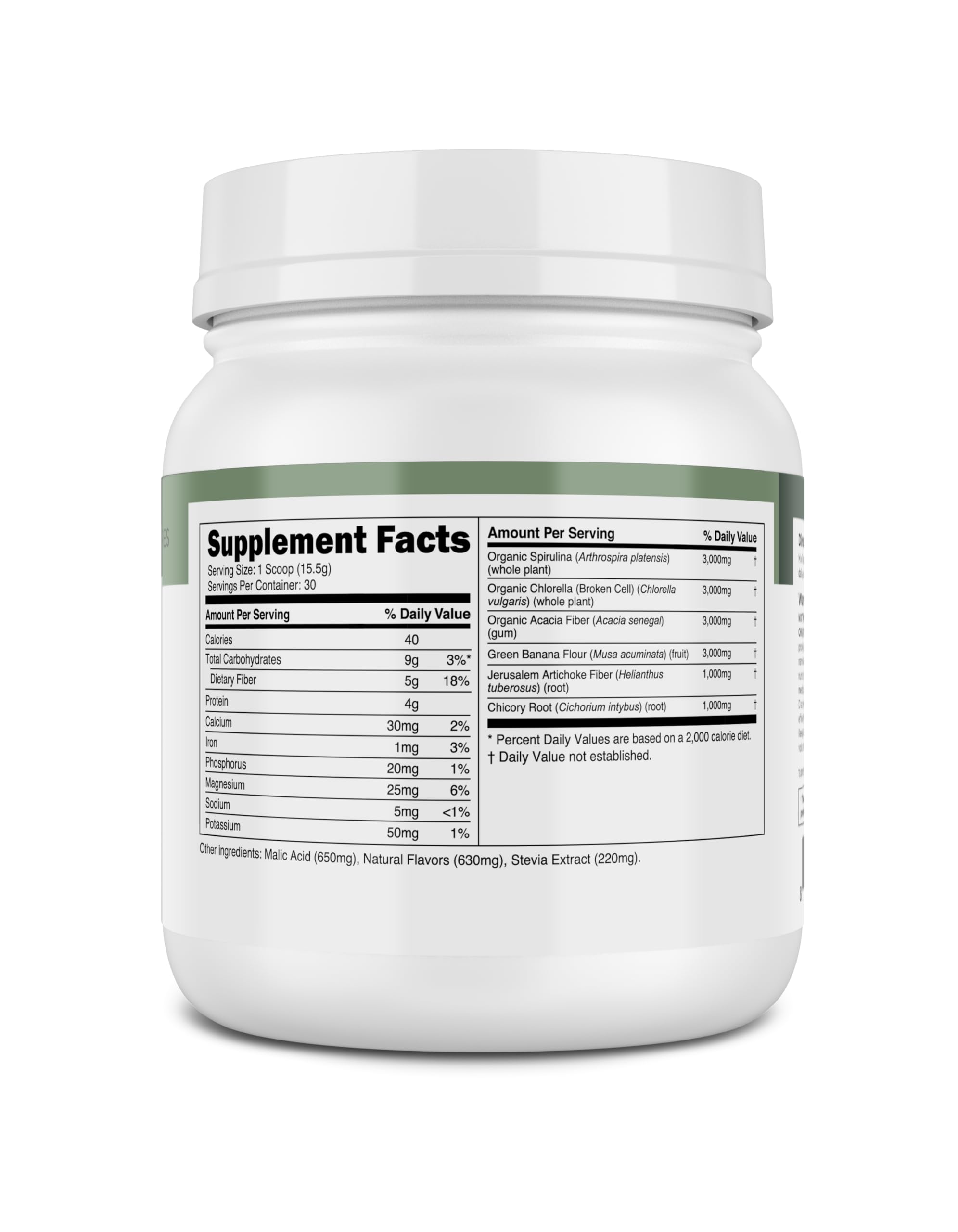 Nutrition panel visible on container with serving size details.
