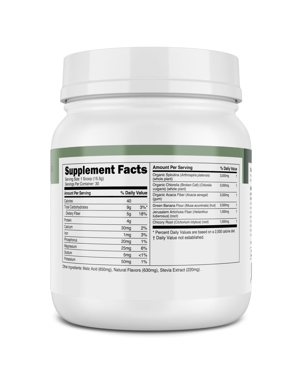 Nutrition panel visible on container with serving size details.
