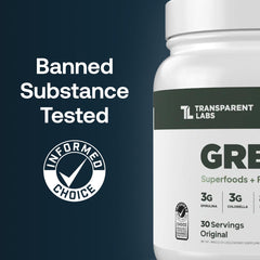Scoop of Transparent Labs Prebiotic Greens peach mango ready to mix for daily immune support.