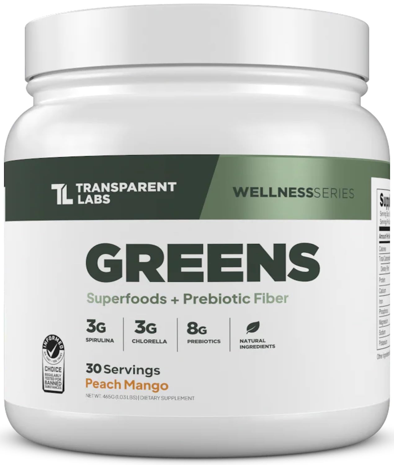 Transparent Labs Prebiotic Greens peach mango tub label showing a clean formula for digestive support.