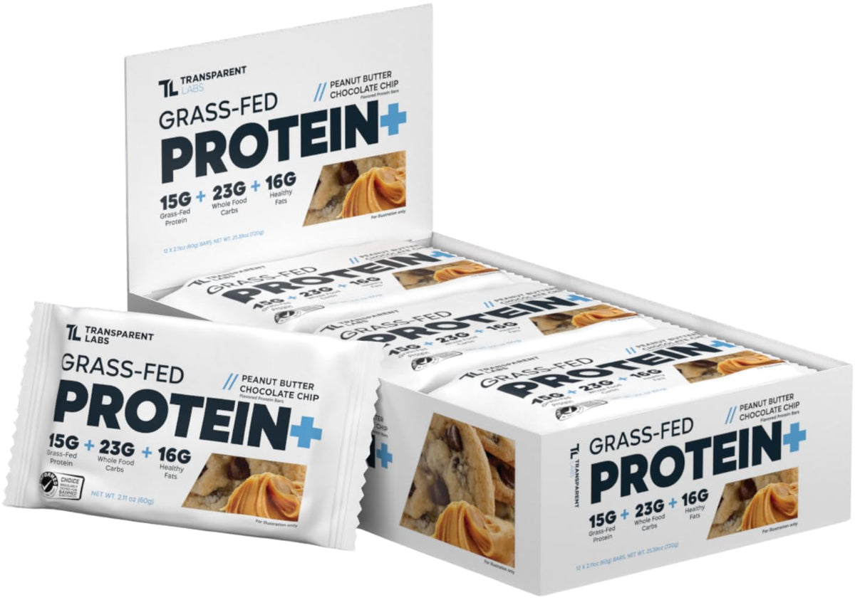 Transparent Labs Protein+ Bars packaging with Peanut Butter Chocolate Chip on display.