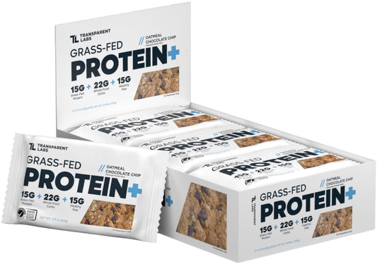 Transparent Labs Protein+ Bars packaging shown for a convenient on-the-go snack.