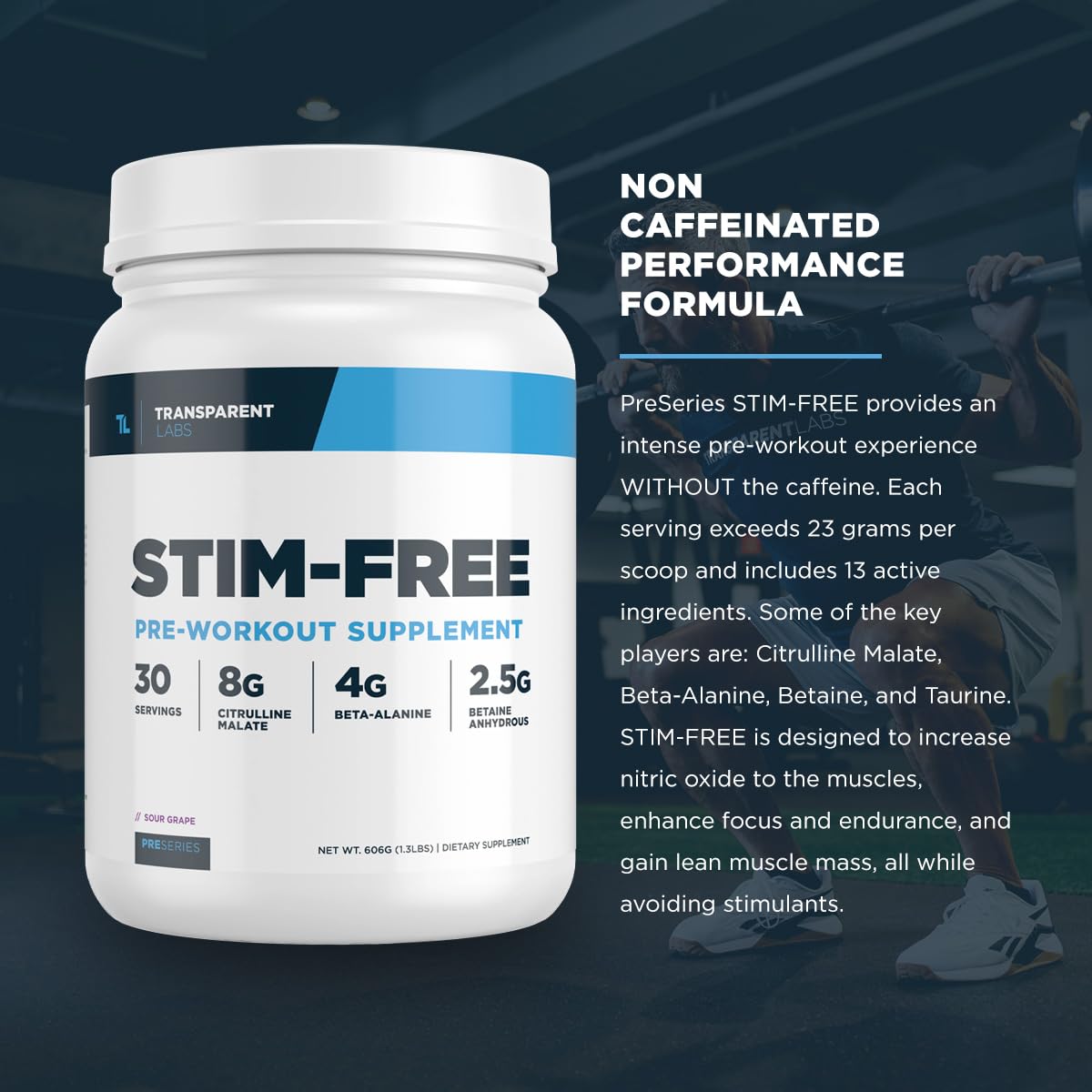 Blue raspberry powder from Stim-Free Pre-Workout glistens in a clear shaker.