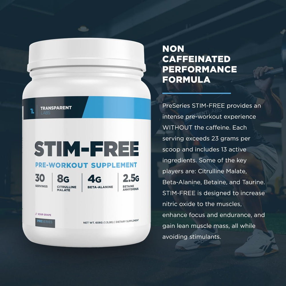 Blue raspberry powder from Stim-Free Pre-Workout glistens in a clear shaker.