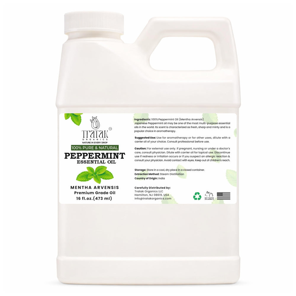 TRATAK ORGANICS peppermint oil 16 oz bottle ideal for diffusers and bulk blending.