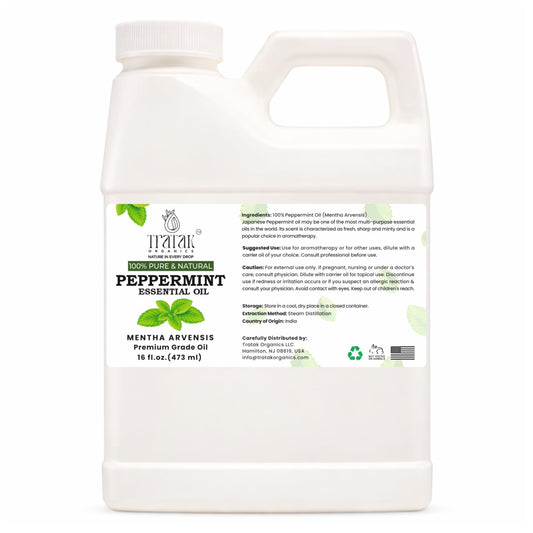 TRATAK ORGANICS peppermint oil 16 oz bottle ideal for diffusers and bulk blending.