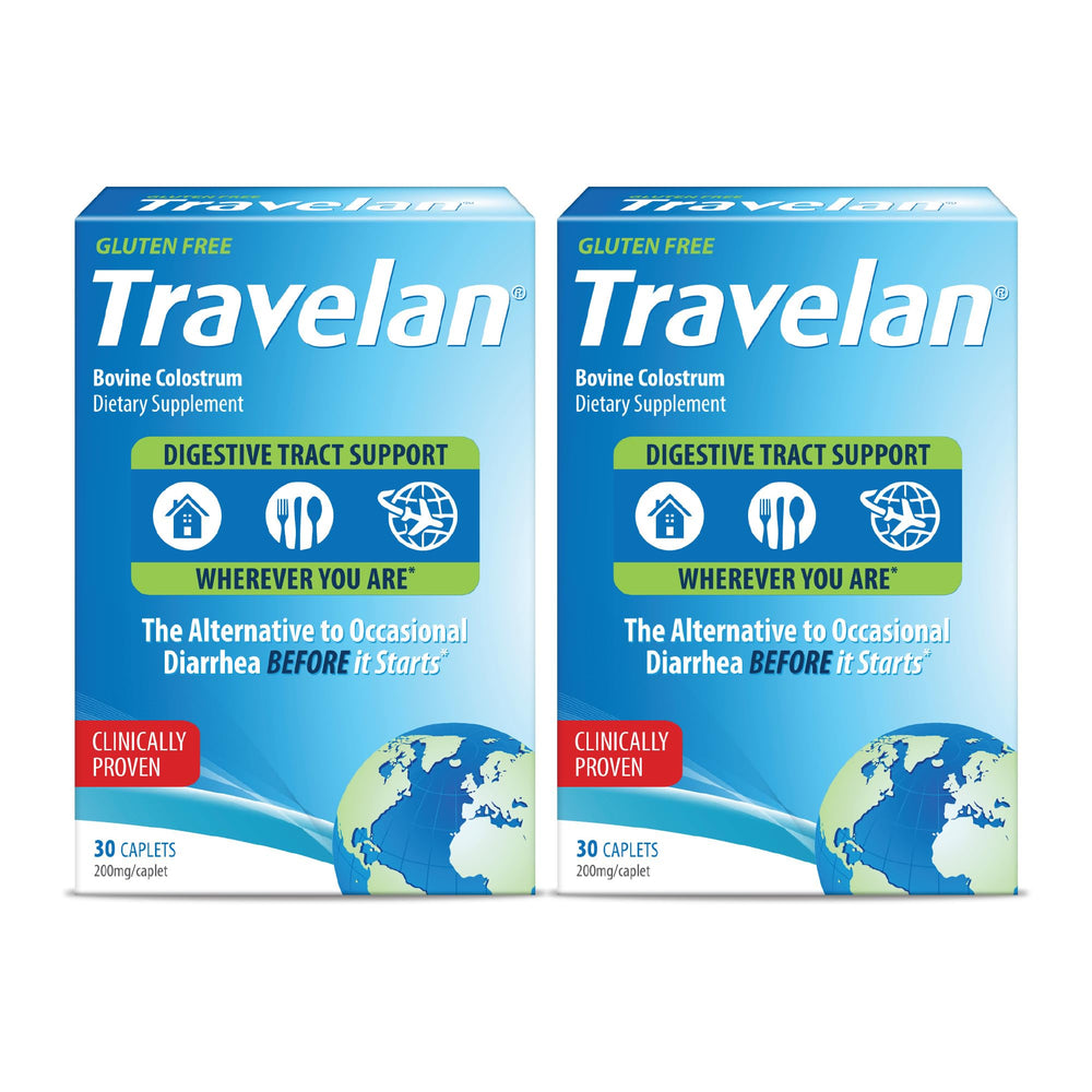 Travelan anti-diarrhea pill bottle for portable travel digestive support.