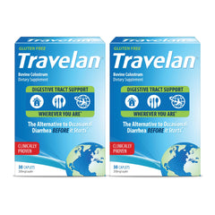 Travelan anti-diarrhea pill bottle for portable travel digestive support.