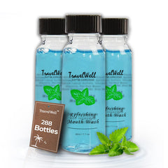 Travelwell individually wrapped mouthwash bottle, ideal for hotels and on-the-go freshness.