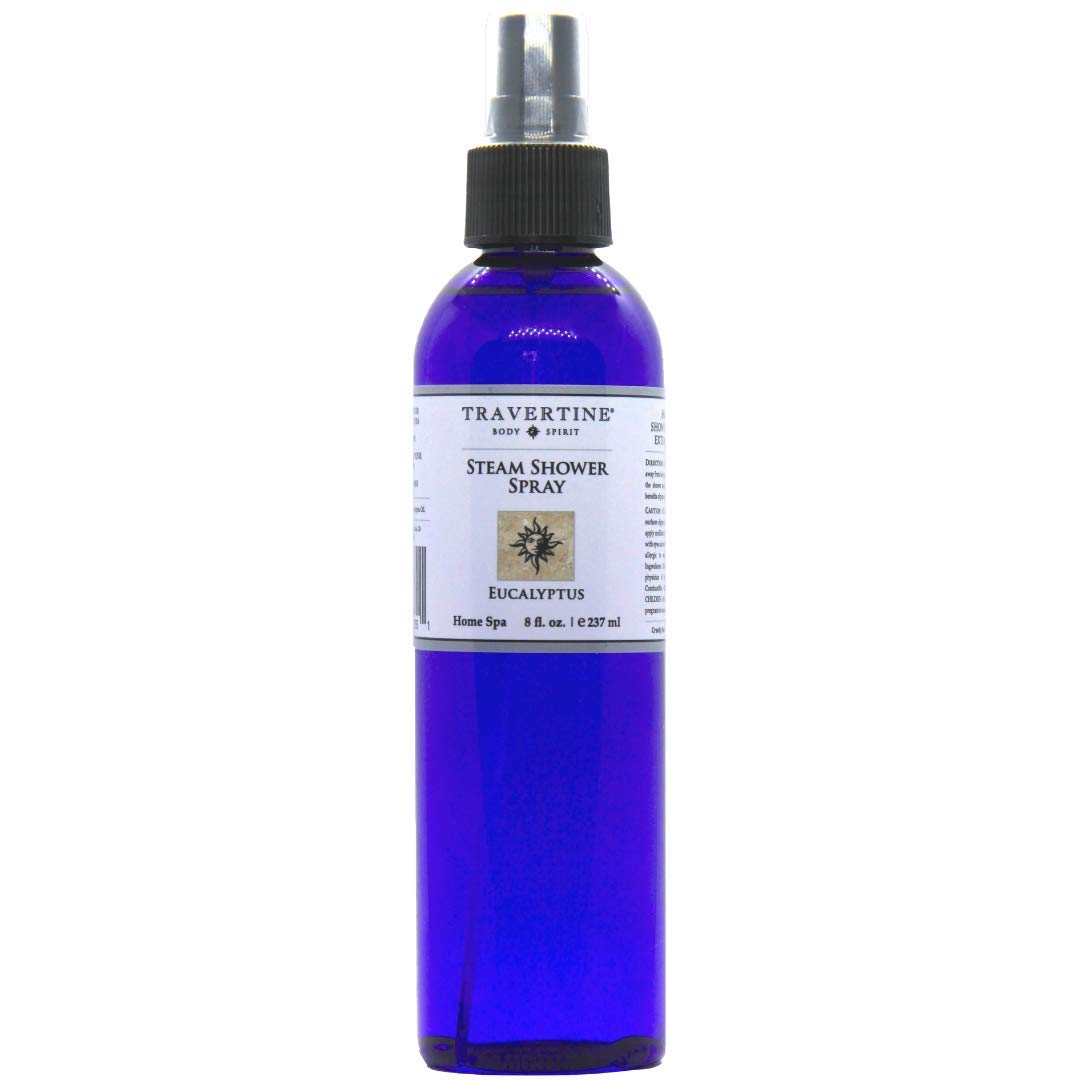 Travertine Spa Eucalyptus steam spray bottle demonstrates instant aroma for a home spa moment