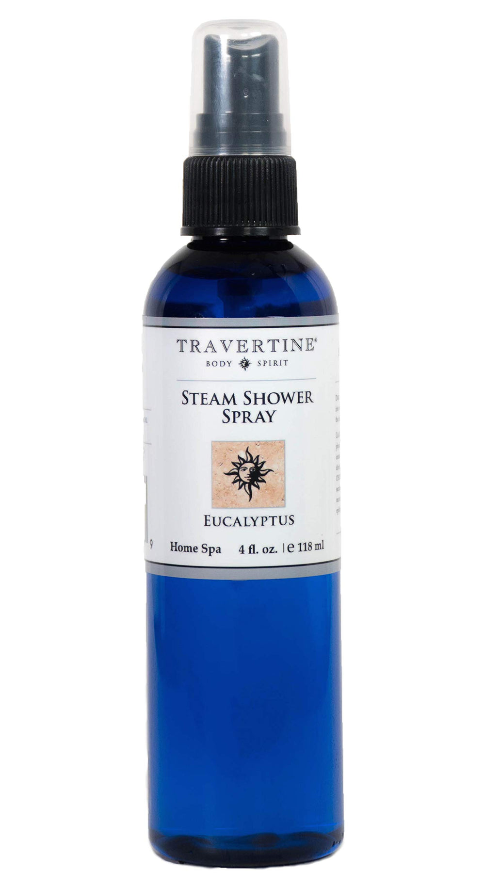 Travertine spa spray bottle close-up for spa-like shower aromatherapy.