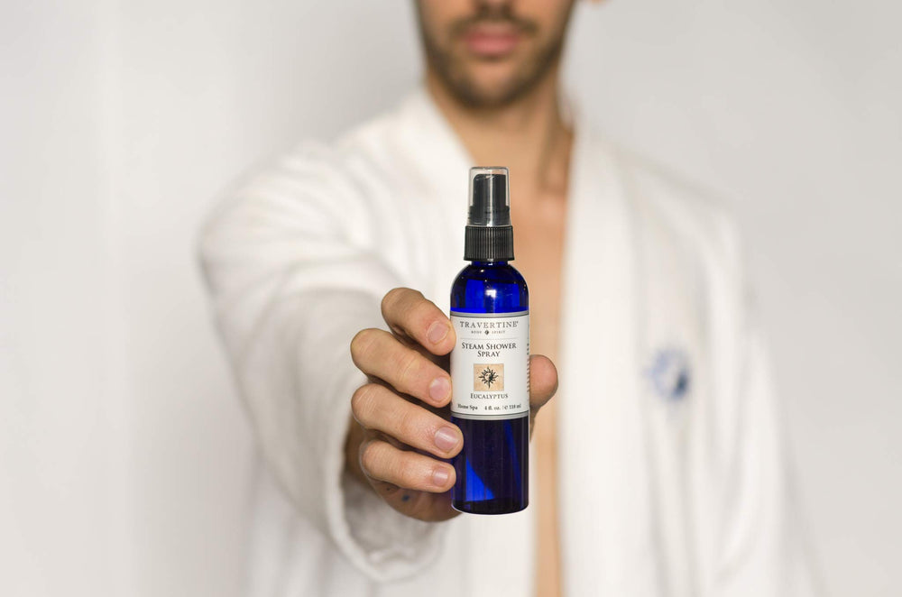 Travertine Spa two-pack packaging with sealed bottles and a travel cap to prevent leaks.