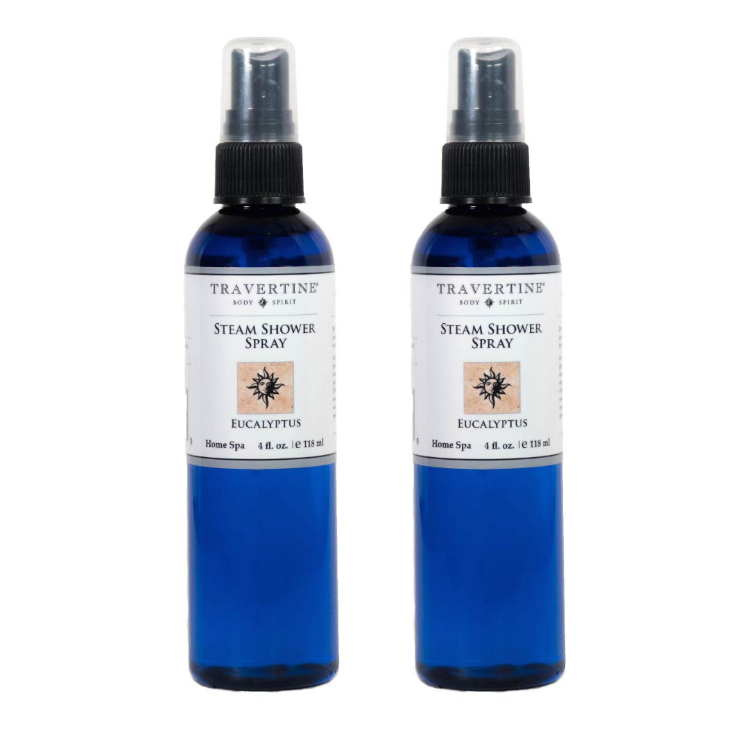 Travertine Spa 4oz bottle releasing eucalyptus aroma for a spa-like shower experience.