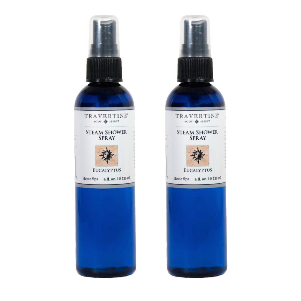 Travertine Spa 4oz bottle releasing eucalyptus aroma for a spa-like shower experience.
