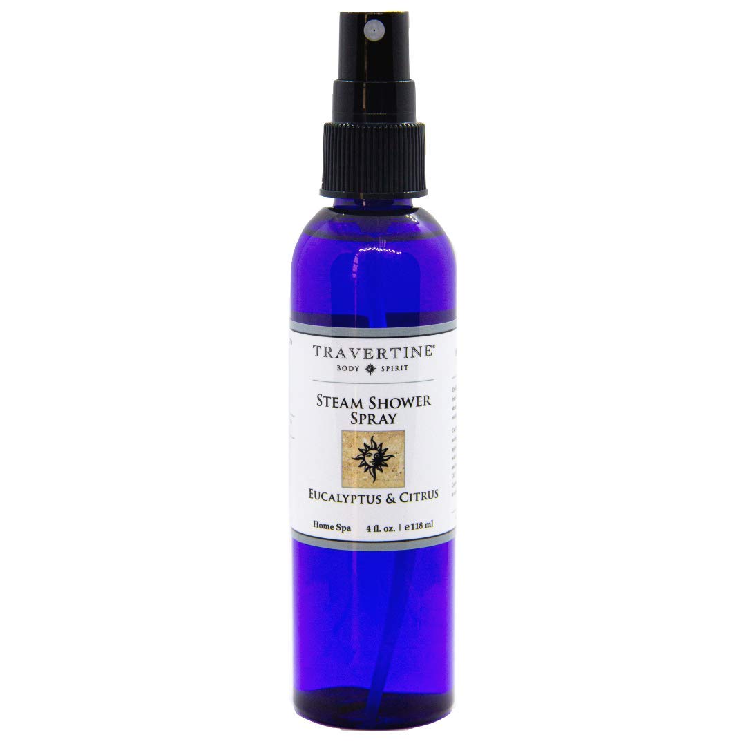 Travertine Spa Steam Shower Spray bottle front view with invigorating eucalyptus aroma.