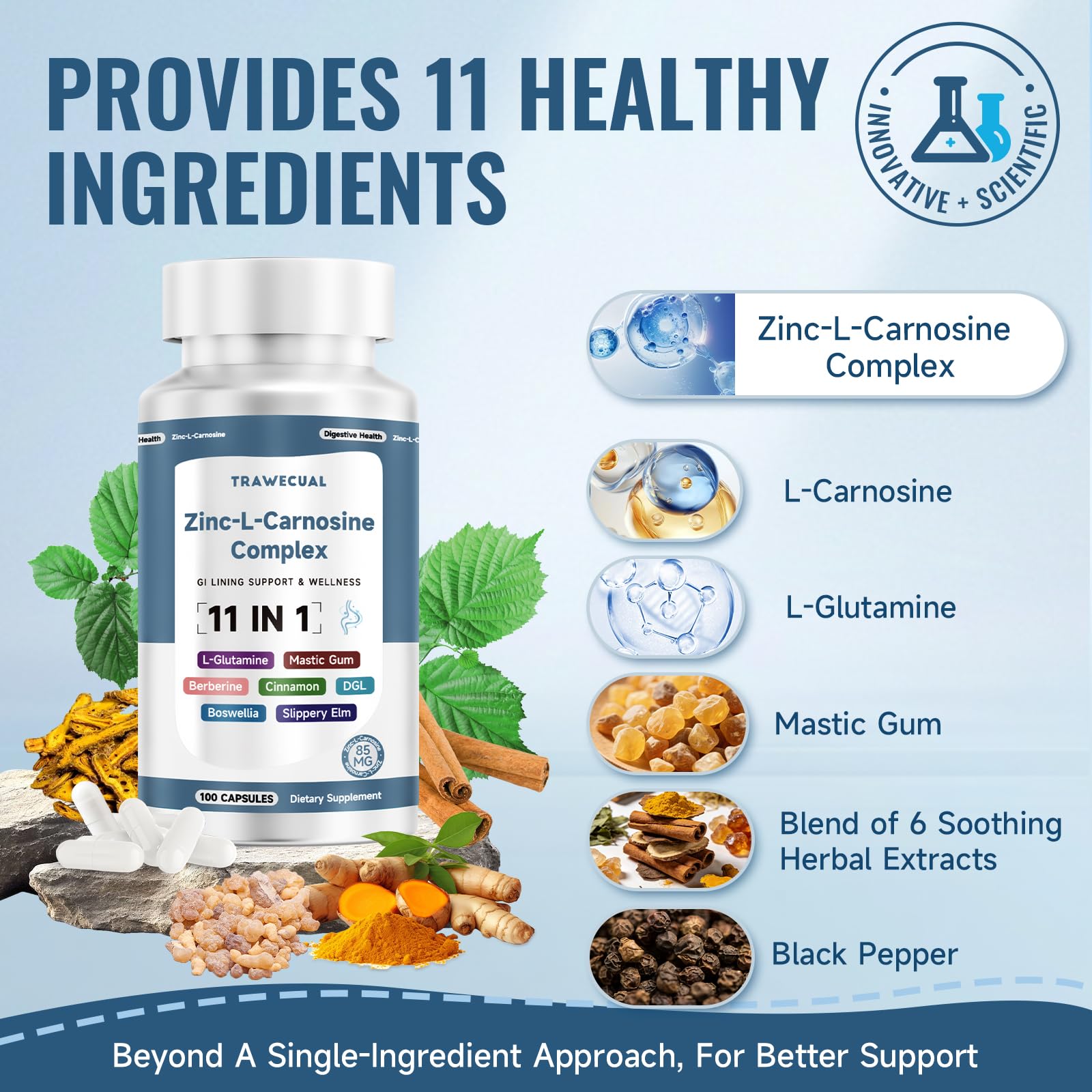 Trawecual 11-in-1 formula infographic highlights broad gut health support.