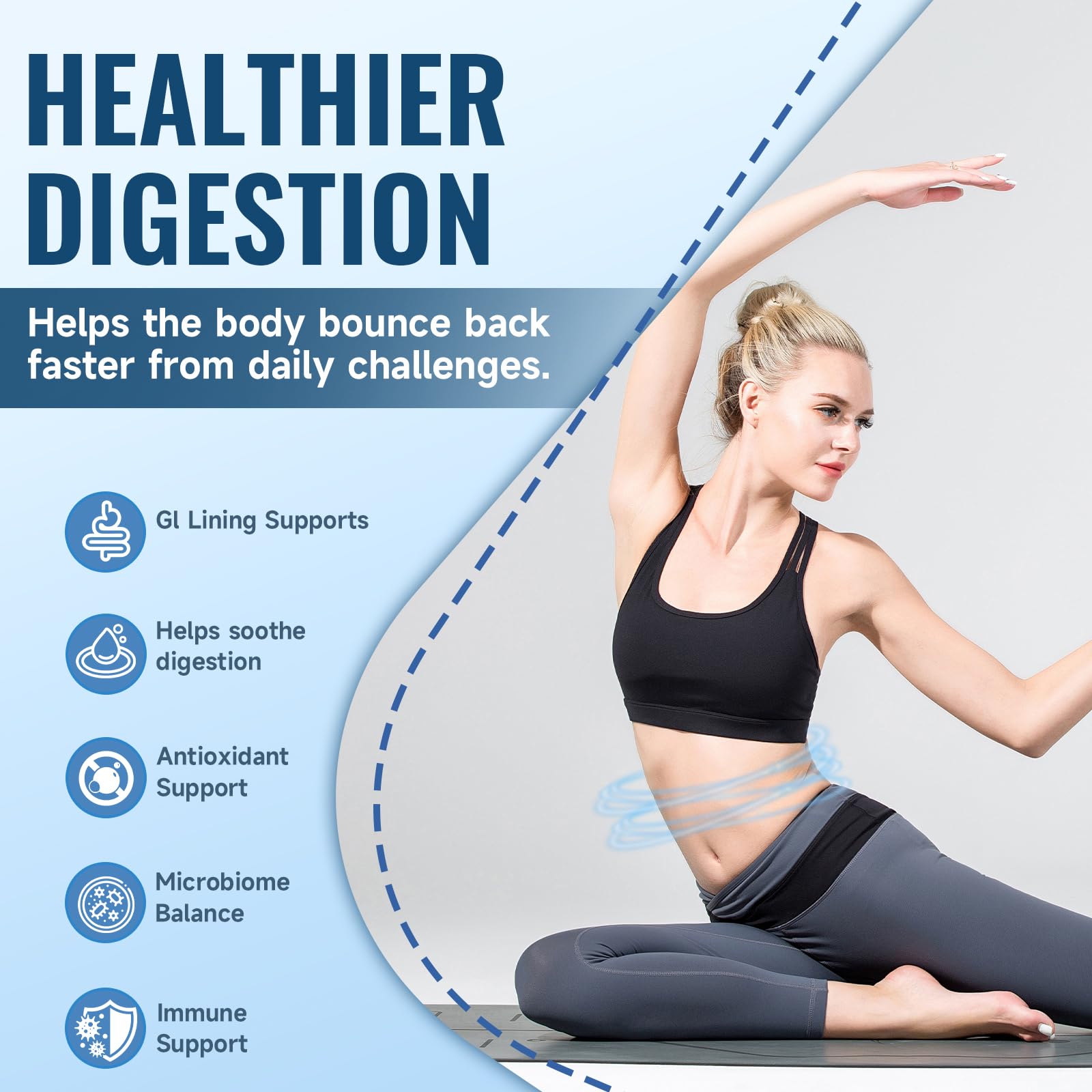 Trawecual digestive health scene with capsules and herbal textures.