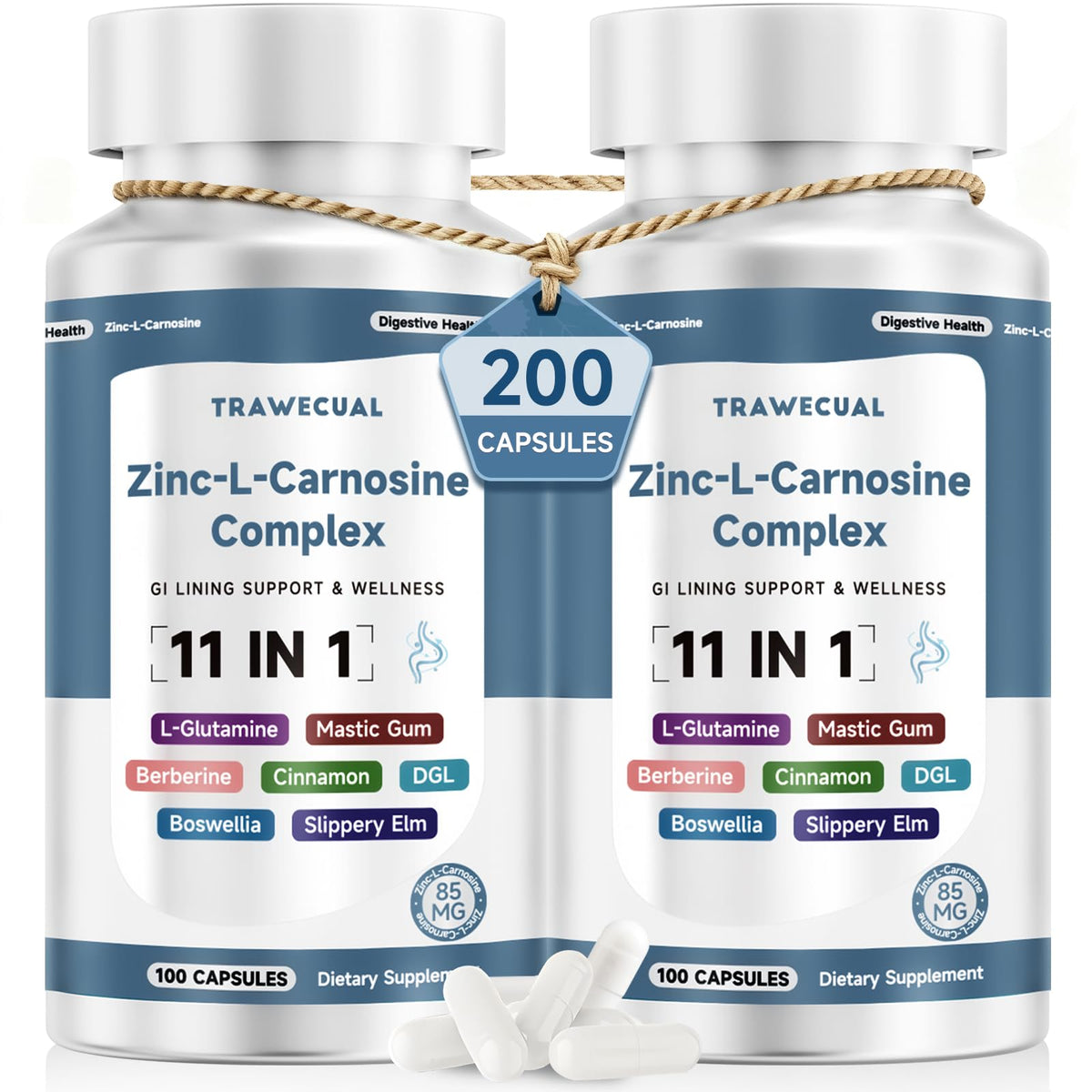 Trawecual zinc-L-carnosine bottle shows 85 mg formula for digestive comfort.