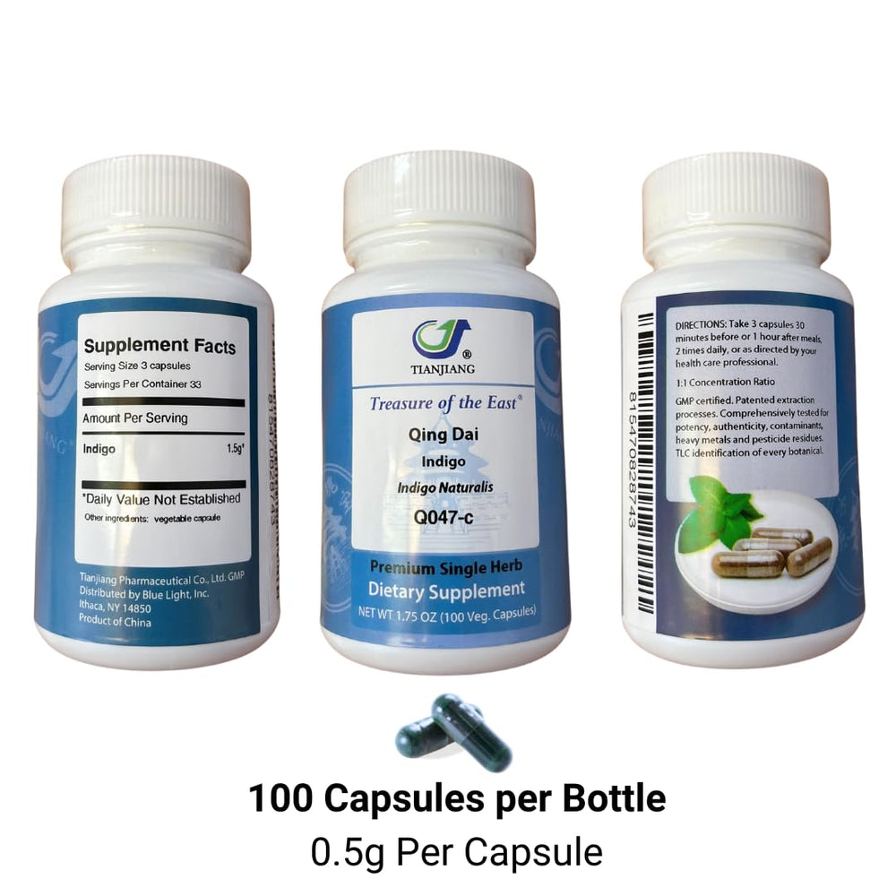 Treasure of the East Indigo Qing Dai capsules packaging on shelf conveying premium authenticity