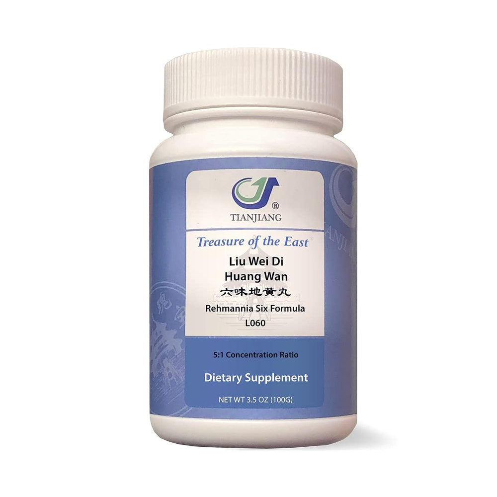 Treasure of the East Rehmannia Six Formula jar showing concentrated granules for easy dosing.