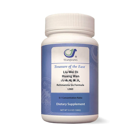 Treasure of the East Rehmannia Six Formula jar showing concentrated granules for easy dosing.