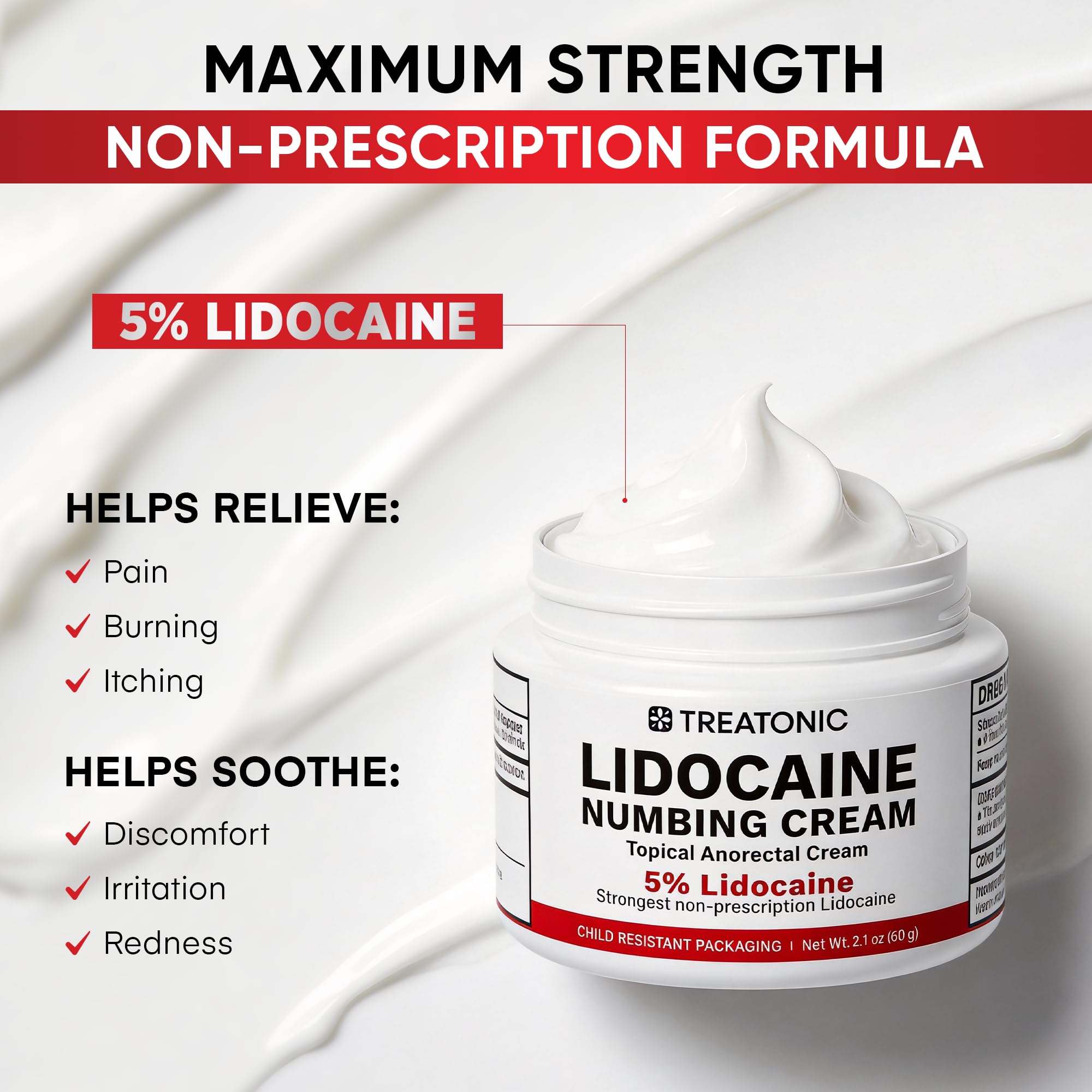 Treatonic lidocaine cream in use; numbness begins in about 10 minutes for targeted relief.