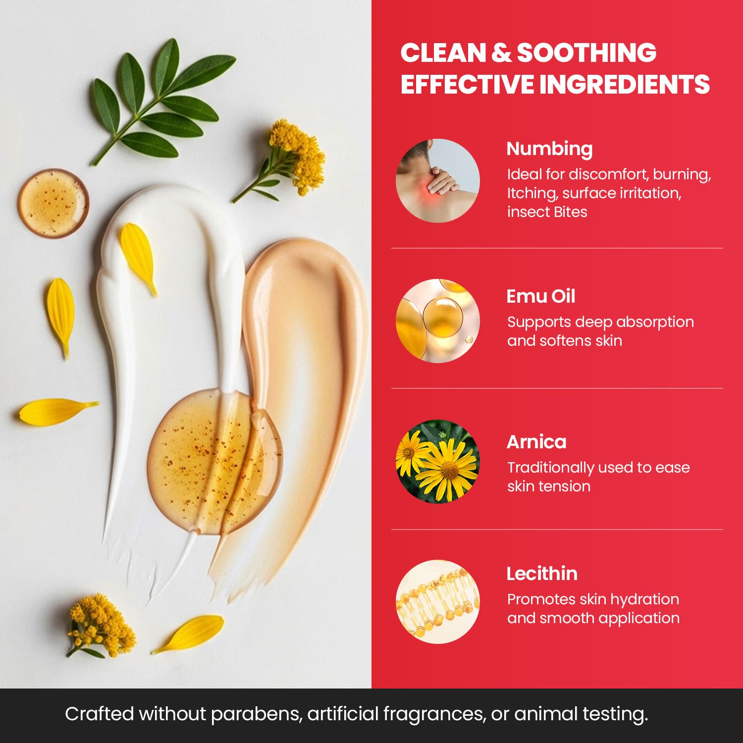 Emu oil and Vitamin E support skin hydration in Treatonic Numbing Cream.