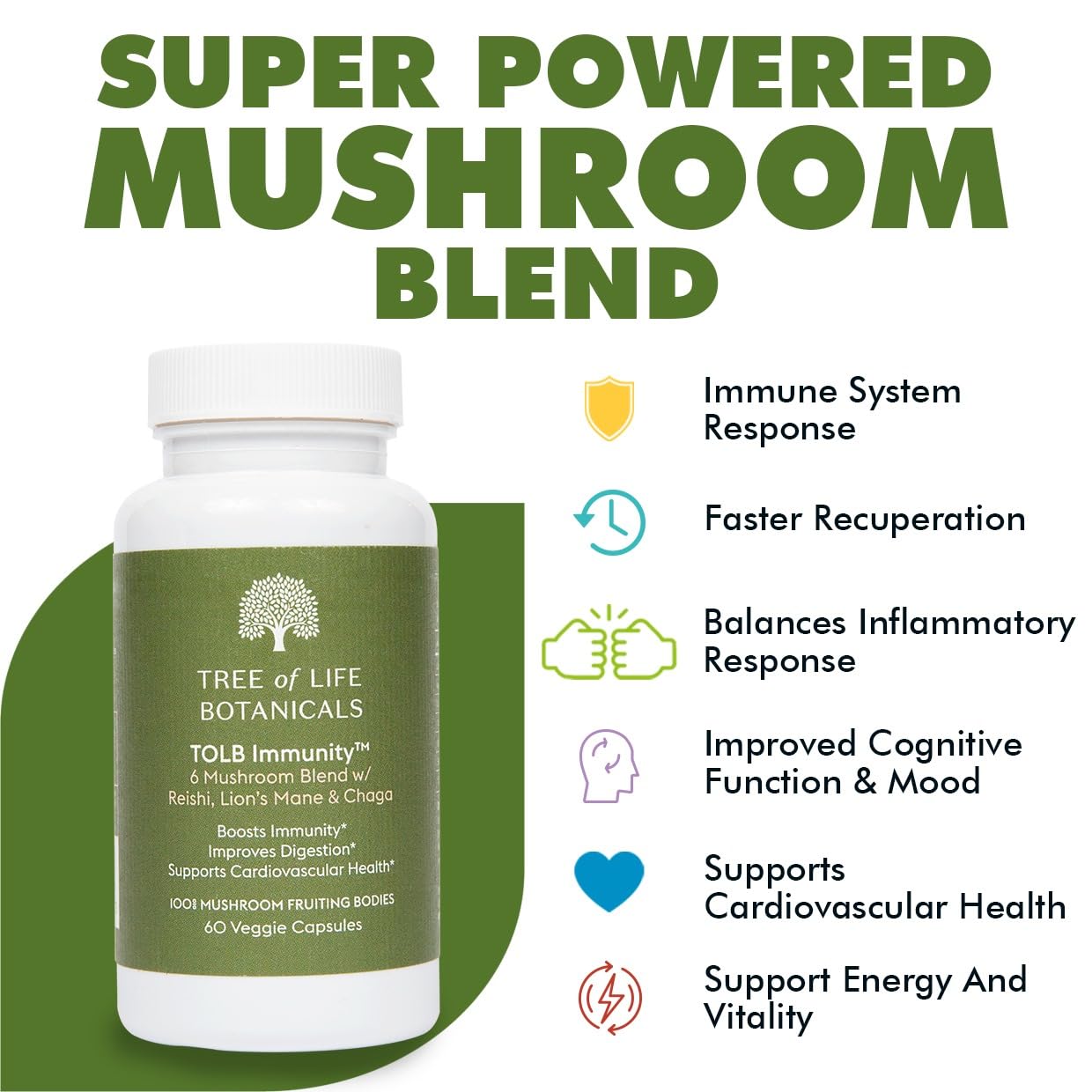 Tree of Life Botanicals Immunity ingredients close-up shows six mushrooms for balance.