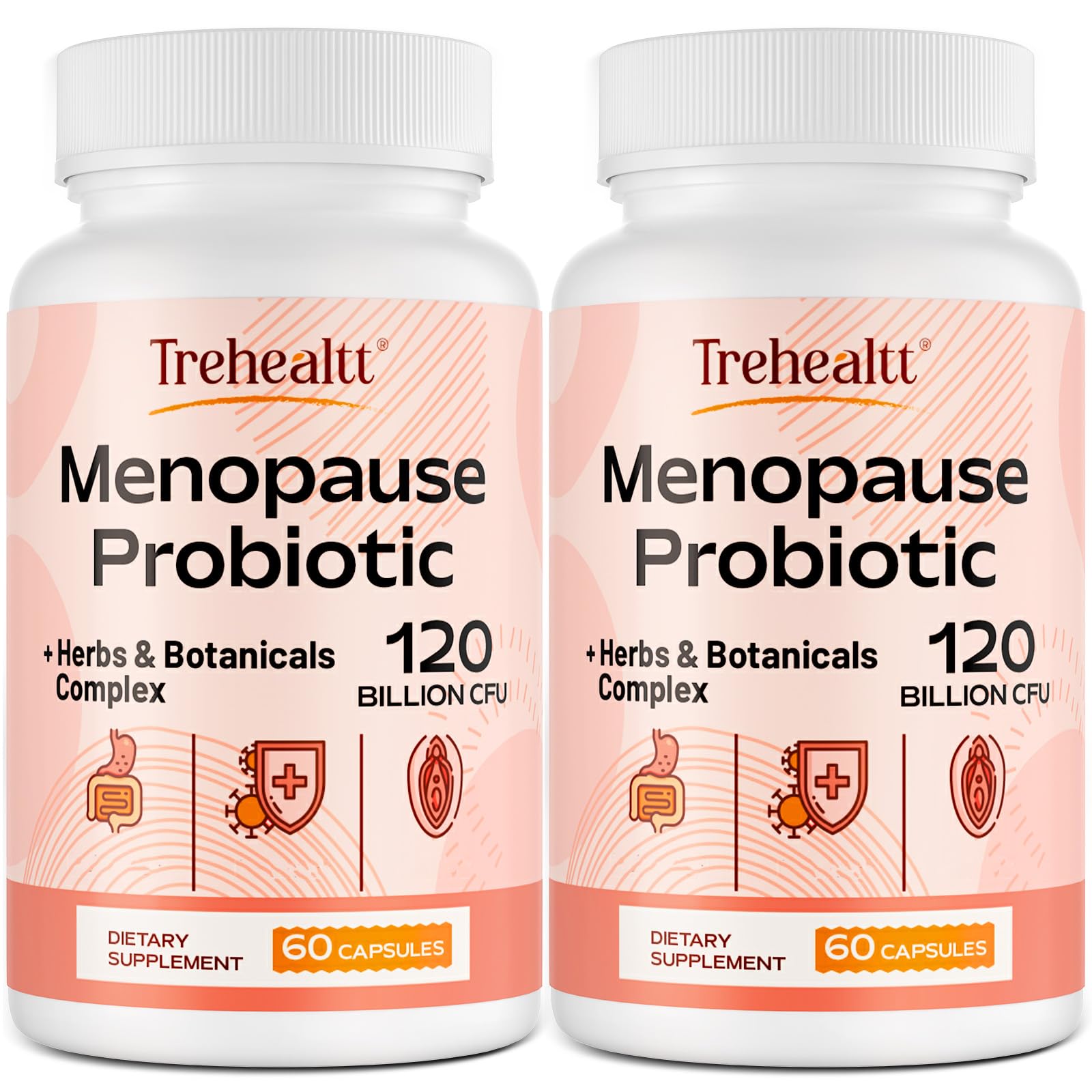 Trehealtt menopause bottle front view showing 120 capsules for daily support