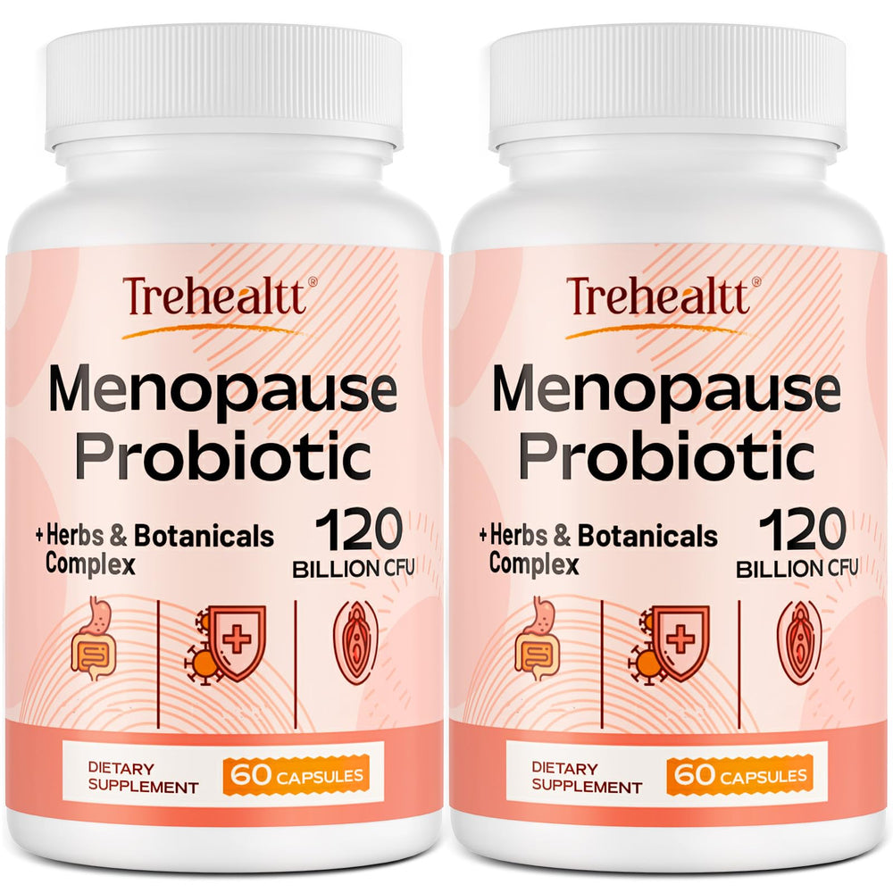Trehealtt menopause bottle front view showing 120 capsules for daily support