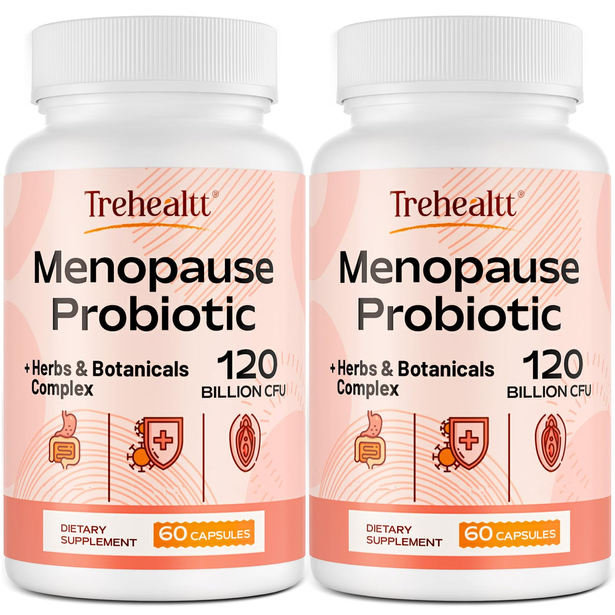 Trehealtt menopause bottle front view showing 120 capsules for daily support