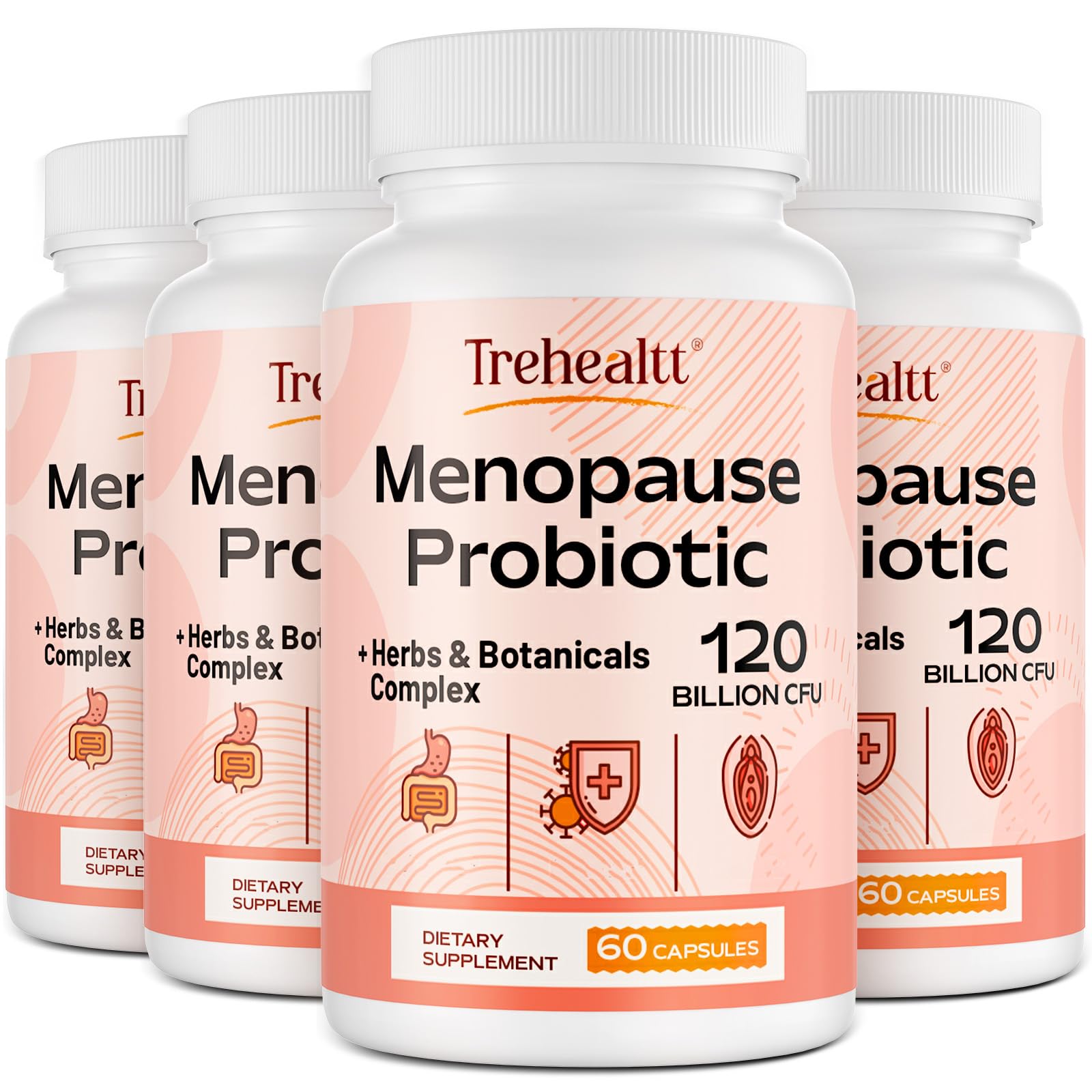 Trehealtt menopause probiotic bottle shows 120B CFU for gut support