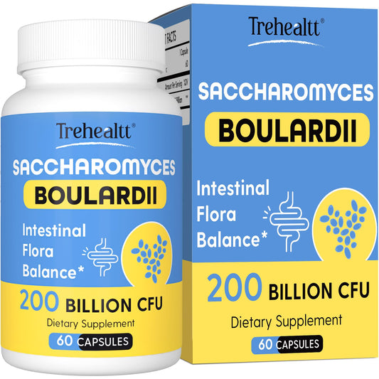Trehealtt Saccharomyces boulardii 200B CFUs bottle supports digestive balance.