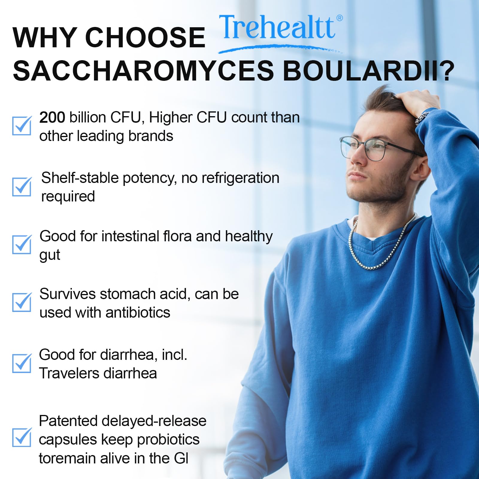 Trehealtt Saccharomyces boulardii bottle label highlights shelf-stable formula.